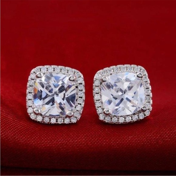 NEW Silver Cushion Diamond Halo Stud Earrings - Picture 6 of 7